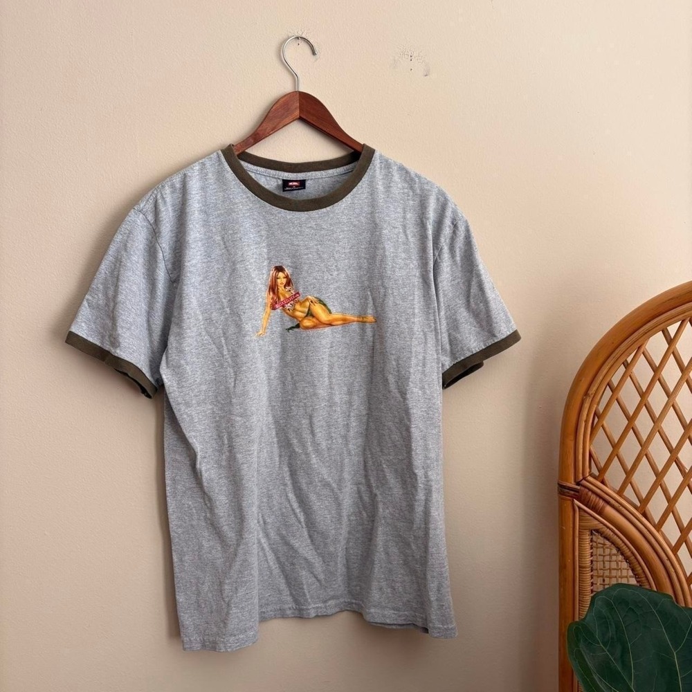 VTG 90's Surfwear Skater Authentic Quiksilver Pin Up Bikini Girl Ringer T Shirt